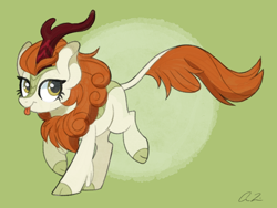 Size: 1600x1200 | Tagged: safe, artist:iheartjapan789, autumn blaze, kirin, sounds of silence, :p, awwtumn blaze, cloven hooves, cute, female, gradient background, green background, prancing, signature, silly, simple background, solo, tongue out