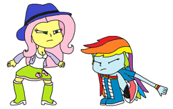 Size: 1028x648 | Tagged: safe, artist:logan jones, derpibooru import, fluttershy, rainbow dash, equestria girls, boots, chinese cowboy impression, clothes, cowgirl, female, hat, jacket, parody, shoes, squint, super mario bros., super mario bros. super show