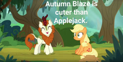 Size: 1315x661 | Tagged: safe, derpibooru import, edit, edited screencap, screencap, applejack, autumn blaze, earth pony, kirin, pony, sounds of silence, awwtumn blaze, cute, truth