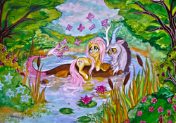 Size: 1024x718 | Tagged: safe, artist:arnne, discord, fluttershy, butterfly, pegasus, pony, blushing, discoshy, female, male, painting, pond, shipping, straight, traditional art