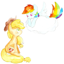 Size: 1179x1184 | Tagged: safe, artist:chiuuchiuu, derpibooru import, applejack, rainbow dash, earth pony, pegasus, pony, cloud, simple background, traditional art, transparent background