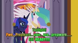 Size: 1200x668 | Tagged: safe, edit, princess celestia, princess luna, alicorn, pony, coiffio, image macro, meme, perfect hair forever, quote, text edit, verbal tic