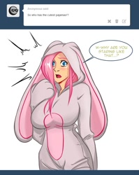 Size: 750x943 | Tagged: safe, artist:swain, fluttershy, human, ask-humans-from-equestria, blushing, breasts, bunny costume, bunny pajamas, bunnyshy, clothes, cute, female, hootershy, humanized, pajamas, solo, tumblr