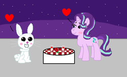 Size: 623x376 | Tagged: safe, artist:drypony198, angel bunny, starlight glimmer, pony, unicorn, blushing, date, date night, drink, female, flower, heart, interspecies, male, night, rose, shipping, starbunny, straight