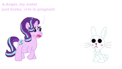 Size: 654x372 | Tagged: safe, artist:drypony198, angel bunny, starlight glimmer, pony, unicorn, blushing, female, interspecies, male, pregnant, shipping, starbunny, straight