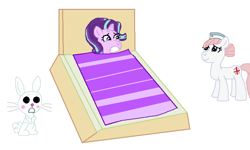 Size: 816x490 | Tagged: safe, artist:drypony198, angel bunny, nurse redheart, starlight glimmer, pony, unicorn, blanket, blushing, female, interspecies, male, shipping, starbunny, straight