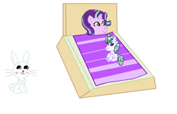 Size: 813x525 | Tagged: safe, artist:drypony198, angel bunny, starlight glimmer, oc, oc:starxie, pony, unicorn, blanket, blushing, female, interspecies, male, parent:angel bunny, parent:starlight glimmer, parents:starbunny, shipping, starbunny, straight