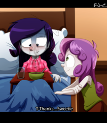 Size: 782x900 | Tagged: safe, artist:fj-c, rarity, sweetie belle, equestria girls, breakfast in bed, burned, caring for the sick, clothes, cold, pajamas, sick, sisters