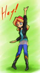 Size: 600x1100 | Tagged: safe, artist:buribuna, sunset shimmer, equestria girls, clothes, female, jacket, leather jacket, looking at you, solo, waving