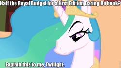 Size: 960x540 | Tagged: safe, princess celestia, alicorn, pony, spoiler:comic, spoiler:comicfiendshipismagic5, image macro, meme, solo