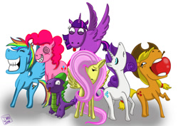 Size: 1024x724 | Tagged: safe, artist:dinodraketakethecake, derpibooru import, applejack, fluttershy, pinkie pie, rainbow dash, rarity, spike, twilight sparkle, twilight sparkle (alicorn), alicorn, dragon, earth pony, pegasus, pony, unicorn, female, mane seven, mane six, mare, wat