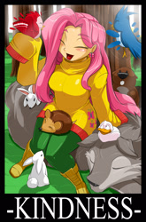 Size: 1538x2337 | Tagged: safe, artist:shonuff44, fluttershy, human, animal, breasts, clothes, cute, female, humanized, oversized clothes, shyabetes, solo, sweatershy