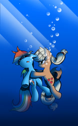 Size: 1500x2400 | Tagged: safe, artist:labba94, derpibooru import, applejack, rainbow dash, earth pony, pegasus, pony, breathing, bubble, drowning, faint, female, mare, rescue, underwater, water