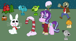 Size: 738x395 | Tagged: safe, artist:drypony198, angel bunny, starlight glimmer, pony, unicorn, zombie, blushing, candy, candy cane, clothes, dry peashooter, female, flower pot, food, interspecies, jolly barrier, male, night, peashooter, plants vs zombies, shipping, snow, snow pea, starbunny, straight, sun shroom, sweater, tree