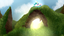 Size: 1920x1080 | Tagged: safe, artist:katsu, princess celestia, alicorn, pony, flower, grass, rock, solo, sunrise, wallpaper