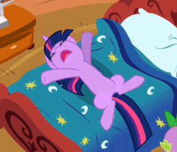 Size: 629x540 | Tagged: safe, derpibooru import, screencap, spike, twilight sparkle, dragon, lesson zero, animated, bed, blanket, cropped, duo, flailing, leg wiggle, overhead view
