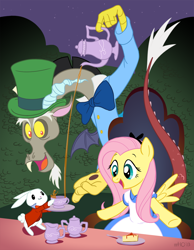 Size: 1000x1286 | Tagged: safe, artist:empty-10, angel bunny, discord, fluttershy, draconequus, pegasus, pony, rabbit, alice in wonderland, animal, blazer, bowtie, clothes, crossover, dress, feminism, frock coat, mad hatter, pinafore, top hat