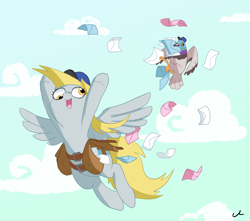 Size: 5100x4500 | Tagged: safe, artist:docwario, derpy hooves, oc, oc:ernie the carrier pigeon, pegasus, pigeon, pony, absurd resolution, female, flying, hat, letter, mailbag, mailmare, mare, mouth hold, pet, pet oc, solo