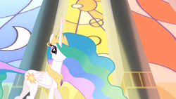 Size: 1366x768 | Tagged: safe, screencap, princess celestia, alicorn, pony, the return of harmony, female, horn, mare, multicolored mane, solo, white coat