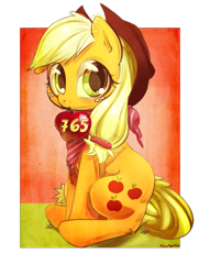 Size: 2814x3894 | Tagged: safe, artist:carligercarl, applejack, earth pony, pony, apple, bandana, food, mouth hold, sitting, solo