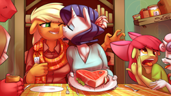 Size: 2000x1125 | Tagged: safe, artist:siden, apple bloom, applejack, big macintosh, rarity, sweetie belle, anthro, cleavage, clothes, derp, disgusted, ew gay, eyes closed, female, floppy ears, food, gagging, grin, imminent pain, kissing, lesbian, male, meat, open mouth, p<3nies, ponies eating meat, rarijack, scarf, shipping, smiling, steak, table, tongue out, wallpaper, wink