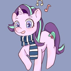 Size: 512x512 | Tagged: safe, artist:cpid, starlight glimmer, pony, unicorn, blue background, clothes, cute, female, glimmerbetes, mare, music notes, open mouth, scarf, simple background, solo