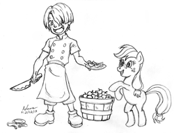 Size: 1047x800 | Tagged: safe, artist:irie-mangastudios, applejack, earth pony, pony, apple, child, crossover, filly, knife, monochrome, one piece, pencil drawing, plate, vinsmoke sanji