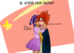 Size: 1400x1000 | Tagged: safe, artist:zouyugi, starlight glimmer, sunburst, human, censored vulgarity, cloak, clothes, female, grawlixes, humanized, kissing, male, muffled, shipping, starburst, straight, surprised