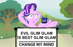 Size: 1024x662 | Tagged: safe, artist:aleximusprime, artist:amarthgul, edit, editor:sponandi, starlight glimmer, pony, unicorn, marks for effort, the cutie re-mark, :i, bush, change my mind, coffee mug, crossing the memes, faic, female, floppy ears, flower, glim glam, glowing horn, horn, i mean i see, levitation, looking at you, magic, mare, meme, mug, multicolored mane, pink coat, s5 starlight, sign, signature, sitting, solo, steven crowder, table, telekinesis, text, tree, vector, vector edit, welcome home twilight