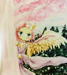 Size: 1827x2045 | Tagged: safe, artist:laurant, fluttershy, pegasus, pony, semi-anthro, clothes, pixiv, solo, traditional art, watercolor painting