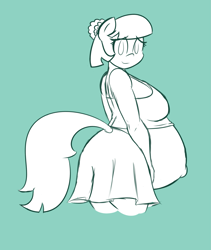 Size: 1765x2089 | Tagged: safe, artist:funble, coco pommel, anthro, earth pony, belly, belly button, big belly, clothes, coco preggo, female, looking at you, mare, monochrome, pregnant, sketch, skirt, smiling, solo