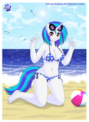 Size: 872x1200 | Tagged: safe, artist:shinn3, dj pon-3, vinyl scratch, anthro, plantigrade anthro, barefoot, beach, beach ball, belly button, big breasts, bikini, breasts, clothes, feet, female, ocean, peace sign, side-tie bikini, solo, swimsuit, vinyl stacked, wide hips