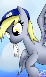 Size: 2200x3640 | Tagged: safe, artist:lyres-art, derpy hooves, pegasus, pony, hat, letter, mail, mailmare, mailmare hat, mouth hold, solo