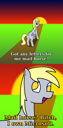 Size: 795x1600 | Tagged: safe, artist:thepristineeye, derpy hooves, anotherdamnponyaskblog, behind, comic, dialogue, microsoft, smiling, sunset, text, tumblr, vulgar