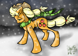 Size: 1400x1000 | Tagged: safe, artist:downpourpony, applejack, earth pony, pony, snow, snowfall, solo