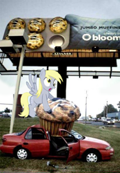Size: 410x588 | Tagged: safe, derpy hooves, pegasus, pony, advertisement, billboard, car, female, food, i just don't know what went wrong, irl, mare, muffin, photo, ponies in real life, solo