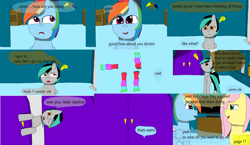 Size: 3648x2112 | Tagged: safe, artist:mellowbomb, derpibooru import, fluttershy, rainbow dash, oc, oc:closingrain, oc:doctor dexter wise, pegasus, pony, comic:calamity fateful, 1000 hours in ms paint, comic, dialogue