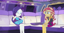 Size: 810x425 | Tagged: safe, screencap, rarity, sunset shimmer, better together, driving miss shimmer, driving miss shimmer: rarity, equestria girls, and then there's rarity, animated, bracelet, confused, cute, dancing, dancity, duo, female, gif, jewelry, legs, limousine, party animal, raribetes