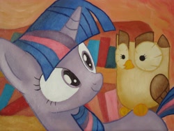 Size: 4320x3240 | Tagged: safe, artist:corina93, derpibooru import, owlowiscious, twilight sparkle, traditional art