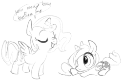 Size: 792x528 | Tagged: safe, artist:dotkwa, princess celestia, princess luna, alicorn, pony, cewestia, dialogue, eyes closed, filly, monochrome, open mouth, prone, sketch, woona