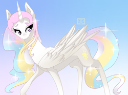 Size: 1038x770 | Tagged: safe, artist:srsishere, princess celestia, alicorn, pony, female, horn, mare, multicolored mane, raised hoof, solo, white coat