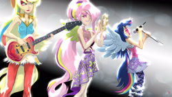 Size: 2560x1440 | Tagged: safe, artist:bipole, derpibooru import, applejack, fluttershy, rainbow dash, twilight sparkle, twilight sparkle (alicorn), alicorn, equestria girls, rainbow rocks, guitar, humanized, stage