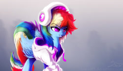 Size: 1896x1098 | Tagged: safe, artist:sverre93, derpibooru import, rainbow dash, pegasus, pony, clothes, headphones, hoodie, solo