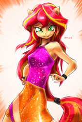 Size: 1377x2039 | Tagged: safe, artist:oberon826, sunset shimmer, equestria girls, armpits, clothes, female, looking at you, ponied up, skirt, sleeveless, solo