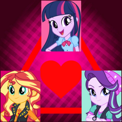 Size: 1500x1500 | Tagged: safe, edit, editor:axal-5, starlight glimmer, sunset shimmer, twilight sparkle, better together, equestria girls, equestria girls (movie), mirror magic, spoiler:eqg specials, female, geode of empathy, heart, lesbian, love triangle, magical geodes, shimmerglimmer, shipping, smiling, sunsetsparkle, triangle, twishimmerglimmer, twistarlight, watch