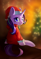 Size: 970x1400 | Tagged: safe, artist:skyeypony, starlight glimmer, pony, unicorn, christmas, christmas tree, clothes, costume, cute, female, glimmerbetes, hat, holiday, looking back, mare, santa costume, santa hat, sitting, smiling, solo, tree