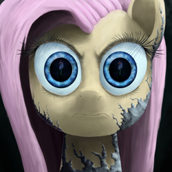 Size: 2000x2000 | Tagged: safe, artist:phiktorial, fluttershy, cockatrice, pegasus, pony, stare master, badass, eyes, flutterbadass, nightmare fuel, petrification, reflection, solo, the stare