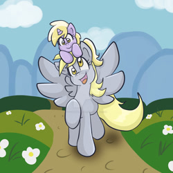 Size: 1024x1024 | Tagged: safe, artist:yoshimarsart, derpy hooves, dinky hooves, pegasus, pony, unicorn, equestria's best daughter, equestria's best mother, female, filly, mare, mother and child, mother and daughter, parent and child, ponies riding ponies, pony hat, walking, watermark