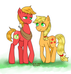 Size: 600x625 | Tagged: safe, artist:divided-s, applejack, big macintosh, earth pony, pony, brother and sister, cute, duo, female, jackabetes, macabetes, male, missing accessory, pixiv, siblings, stallion