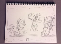 Size: 1111x800 | Tagged: safe, artist:fuzon-s, cherry jubilee, derpy hooves, octavia melody, earth pony, pony, bipedal, bowing, cello, eyes closed, monochrome, music notes, musical instrument, pencil drawing, sketch, traditional art